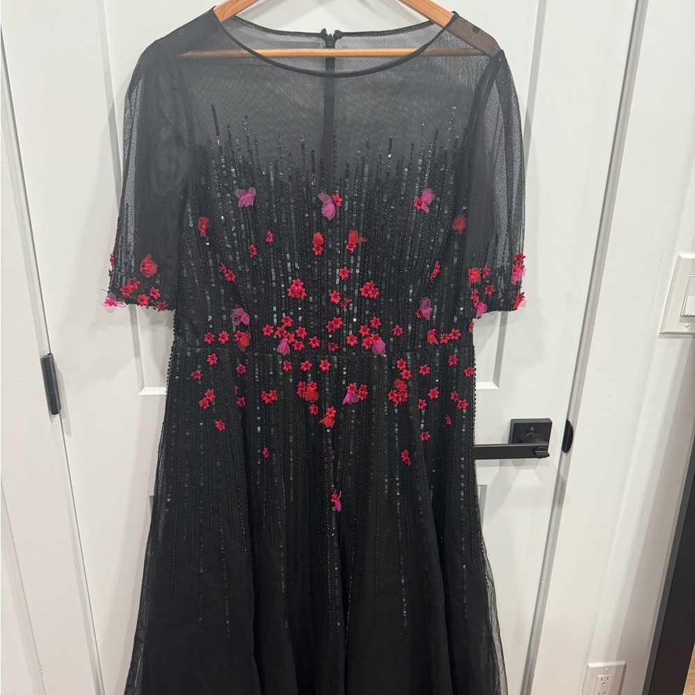 Teri Jon Black Midi Dress with Red and Pink Floral Accents